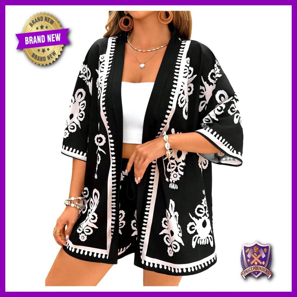 Plus Size Leopard Print Kimono Shorts Set Summer Vacation Outfit